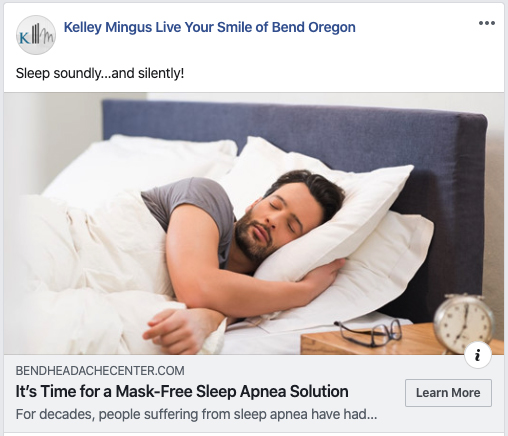 A man is sleeping in bed with an ad for a sleep apnea solution featuring Kelley Mingus.