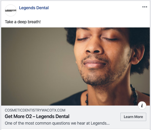 Facebook ad for Legends Dental in Waco.