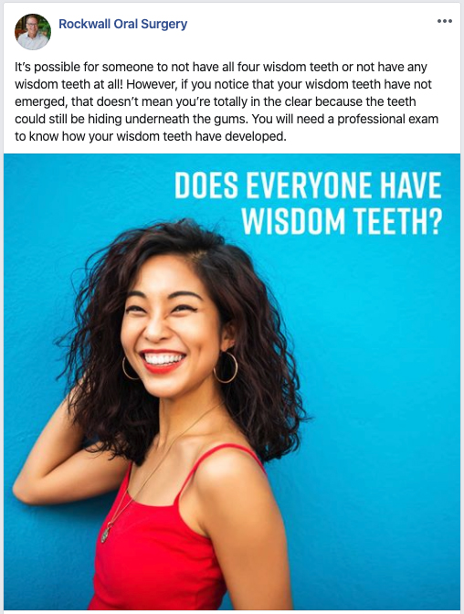 A woman smiling with the text, does everyone have wisdom teeth, in Rockwall Oral Surgery.