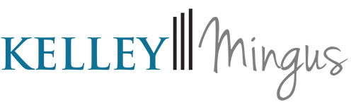 A logo featuring Kelley Mingus with a blue and black color scheme.