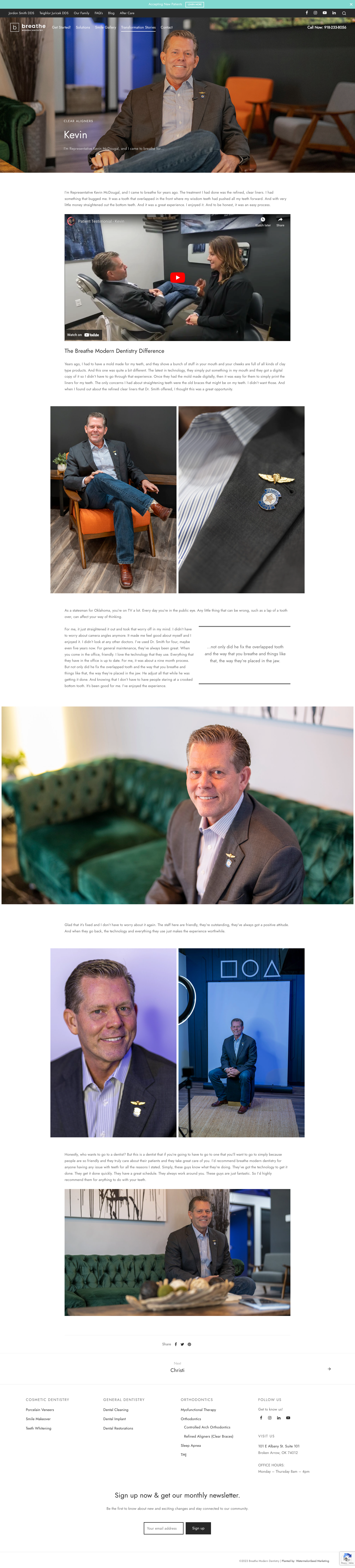 The homepage of a website featuring Breathe Modern Dentistry with a picture of a man in a suit.