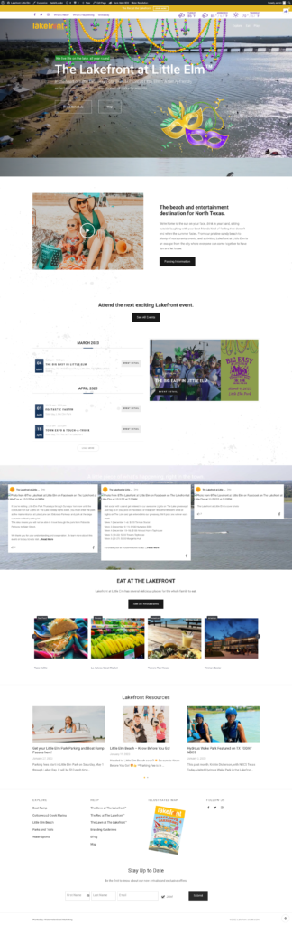 A website design showcasing travel destinations in the City of Little Elm for a travel agency.