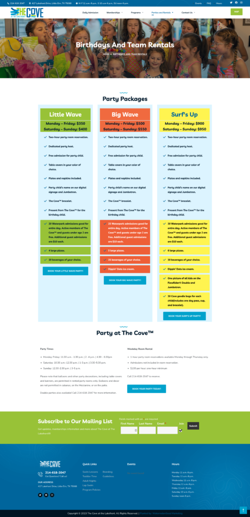 A website design showcasing The Cove at the Lakefront for a children's birthday party.