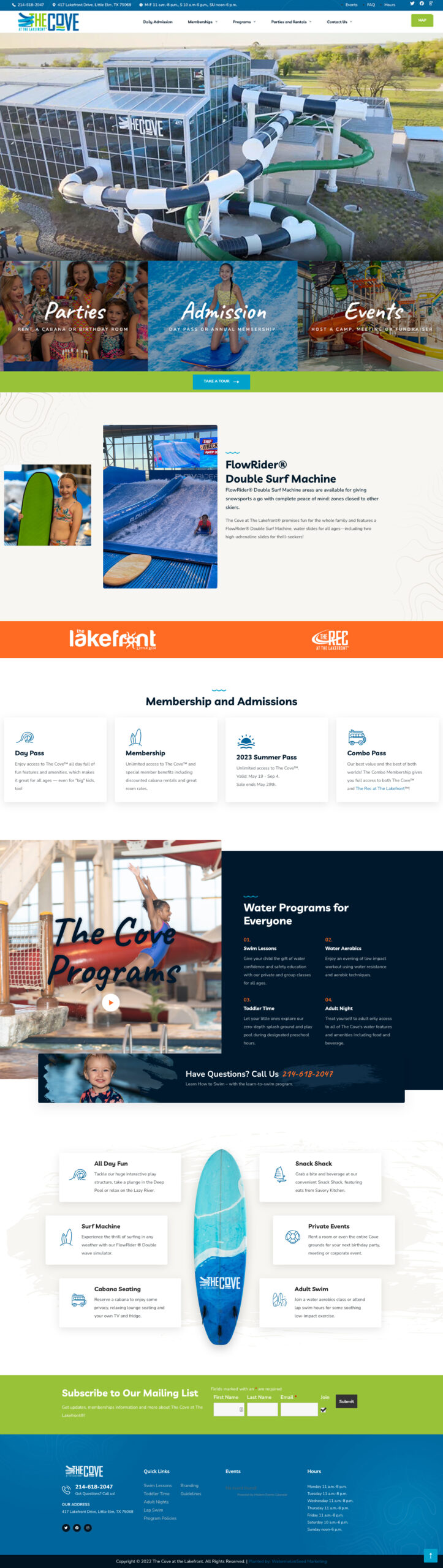 A website design featuring The Cove at the Lakefront with a blue and orange color scheme.