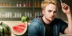 A man is sitting in front of a bowl of watermelon and discovering the chemistry behind winning SEO formulas through Yeah Science!.