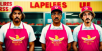 Three men in pink aprons cooking at Los Pollos Hermanos.