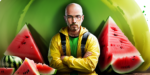 A man in a yellow jacket is navigating next to a watermelon, treading lightly.