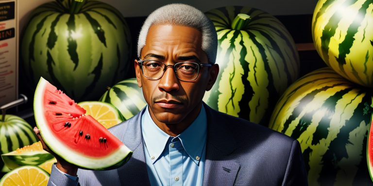 A man holding a slice of watermelon while wearing glasses.