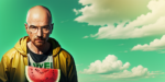 A man holding a watermelon slice in front of a blue sky while breaking down Breaking Bad moments.