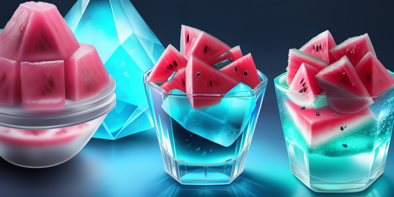Watermelon, ice cubes, glass.