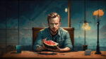 A man indulging in watermelon at a table, with Jesse's SEO recovery.