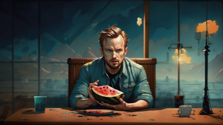 A man indulging in watermelon at a table, with Jesse's SEO recovery.