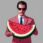 A man in a sleek suit effortlessly holds a slice of watermelon.