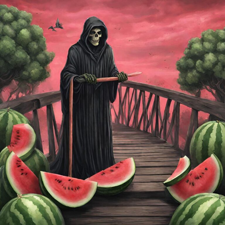 A skeleton on a bridge seamlessly navigates its user journey, confidently holding a watermelon.