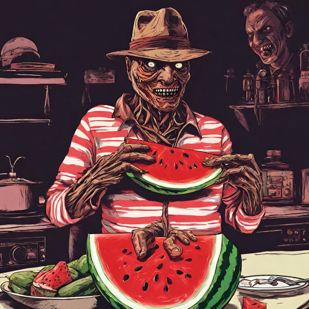 Freddy Krueger, the infamous fictional character known for haunting dreams, indulges in a juicy piece of watermelon while showcasing his love for food on social media platforms. In his persistent posting