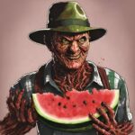 Freddy Krueger, the iconic Dream-Haunting character, engages his audience by holding a slice of watermelon.