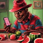 Freddy krueger on a cell phone holding a 'Freddy’s Nightmare Fuel'.