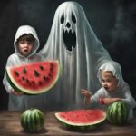 Two children are holding a watermelon in front of a ghost, showcasing an intuitive design for the user interface.