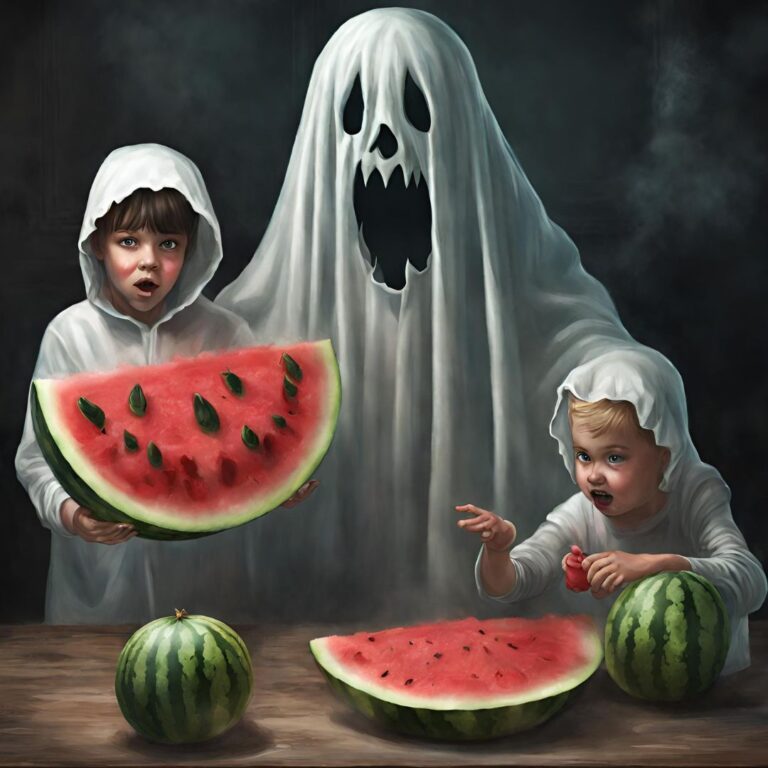 Two children are holding a watermelon in front of a ghost, showcasing an intuitive design for the user interface.