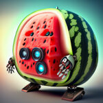 A watermelon with a robot on its back undergoing an HTML evolution in web design.