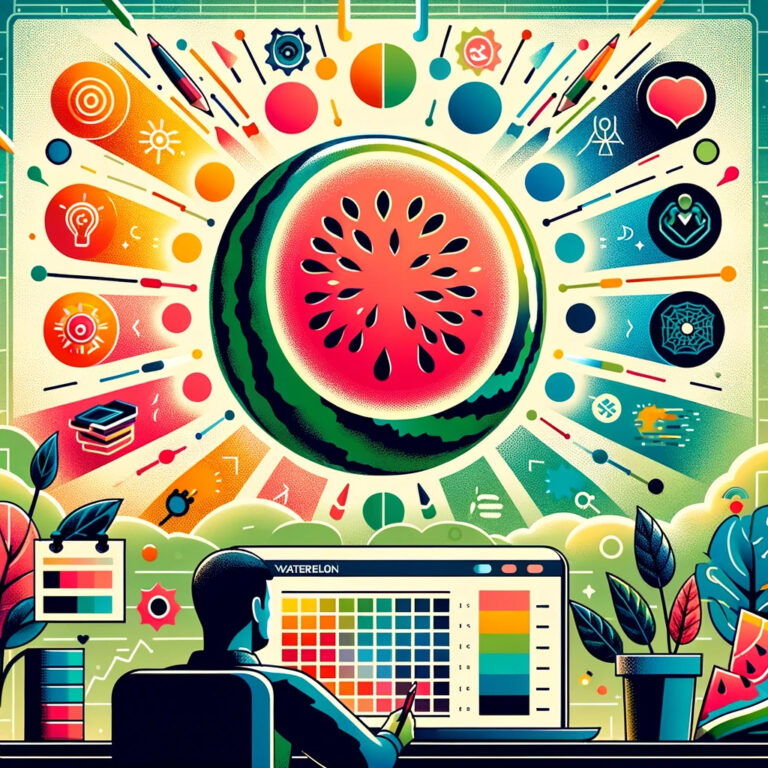 Vibrant digital illustration featuring a person at a computer with a watermelon-inspired color palette, informed by Color Theory, and various abstract icons representing creativity and technology.