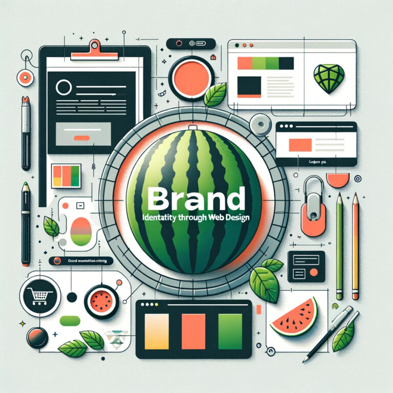 Flat illustration creating various web design elements and tools surrounding a central watermelon-themed brand identity concept.