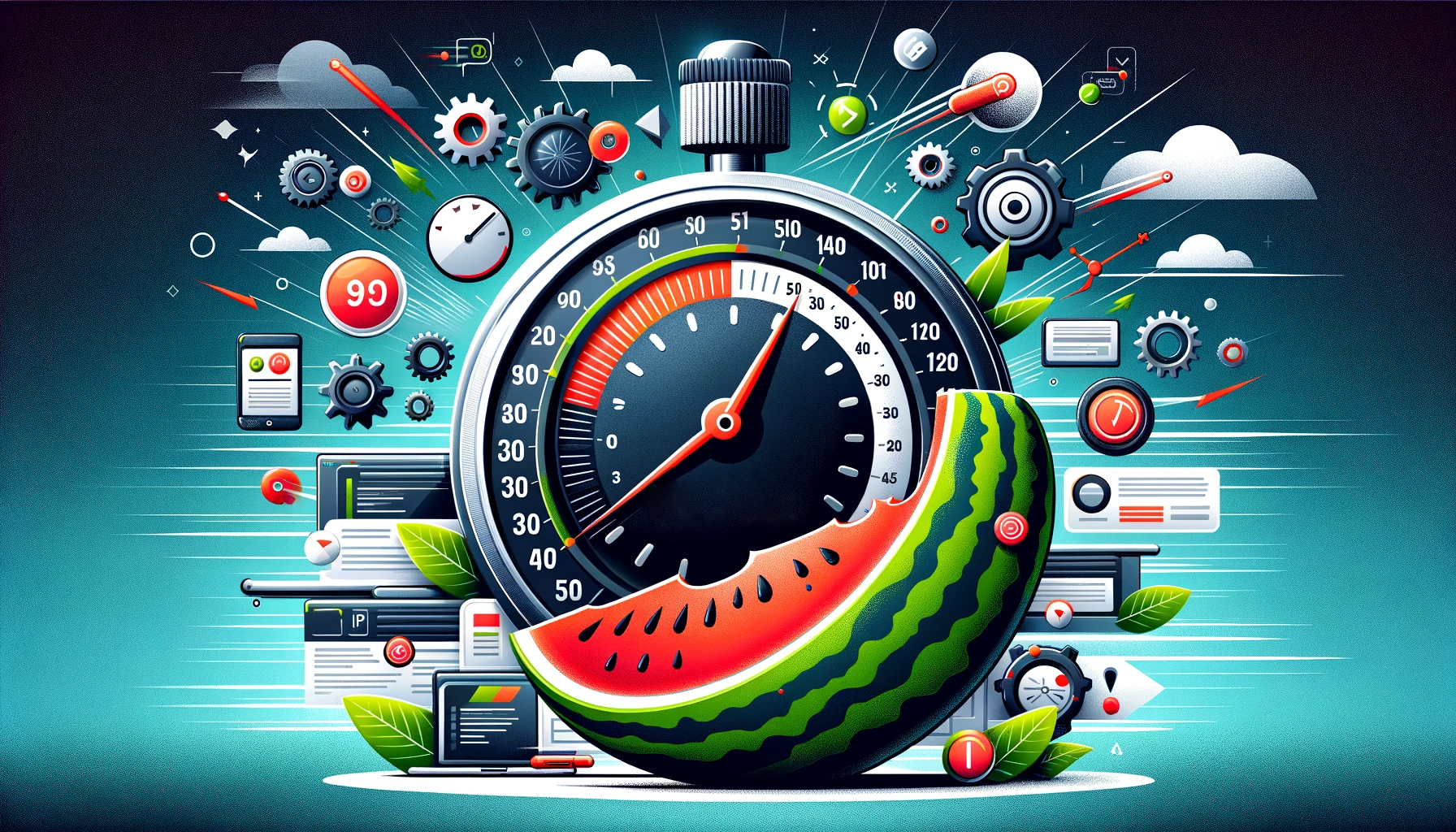 A vibrant illustration melding a watermelon with a speedometer amidst a dynamic backdrop of mechanical and technological elements, symbolizing the optimizing of website load time for better performance.