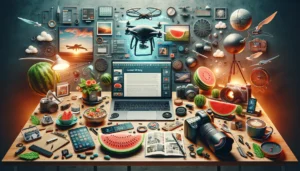 A table with a laptop and other items on it.