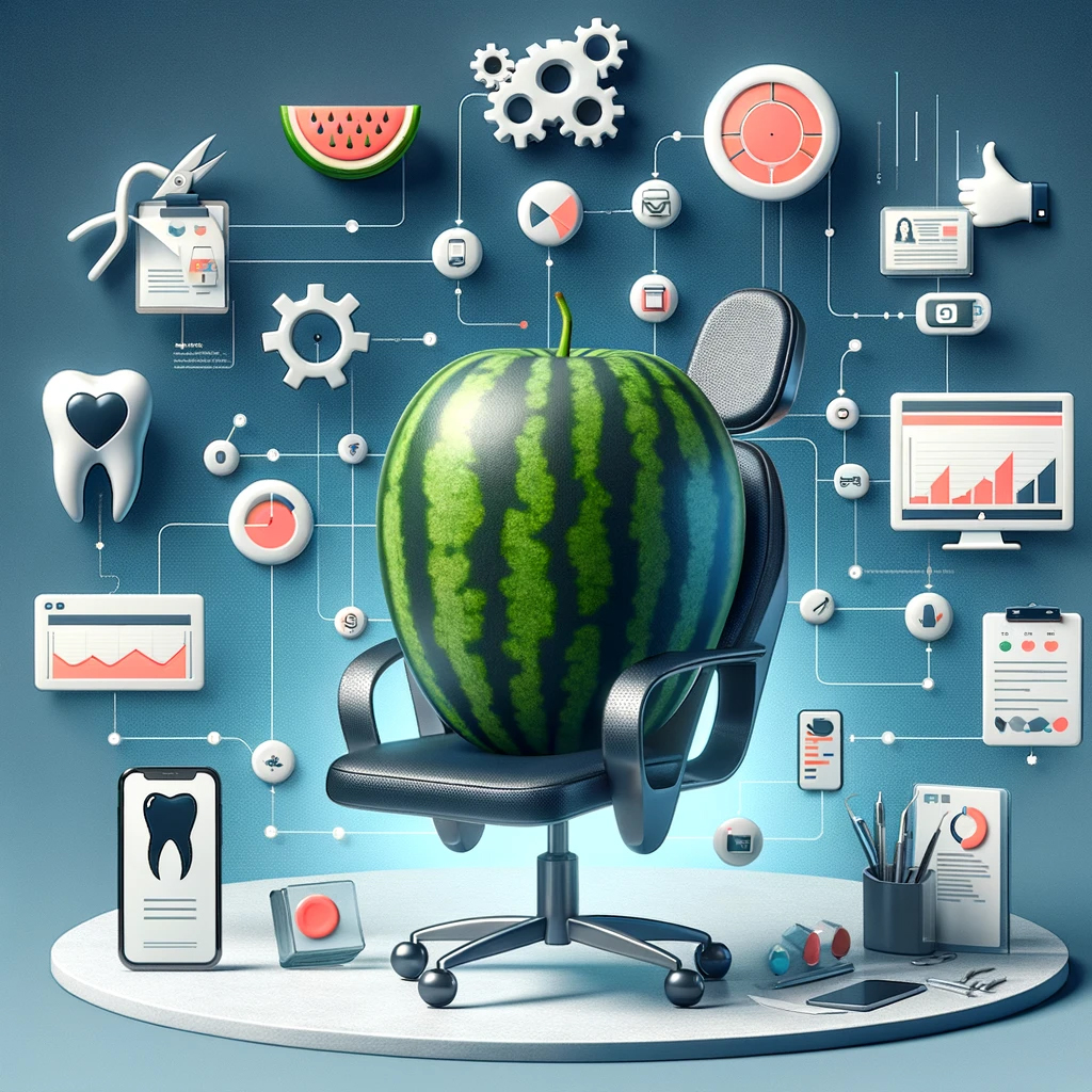 A conceptual illustration of a watermelon seated in an office chair amidst various digital marketing analytics icons and infographics.