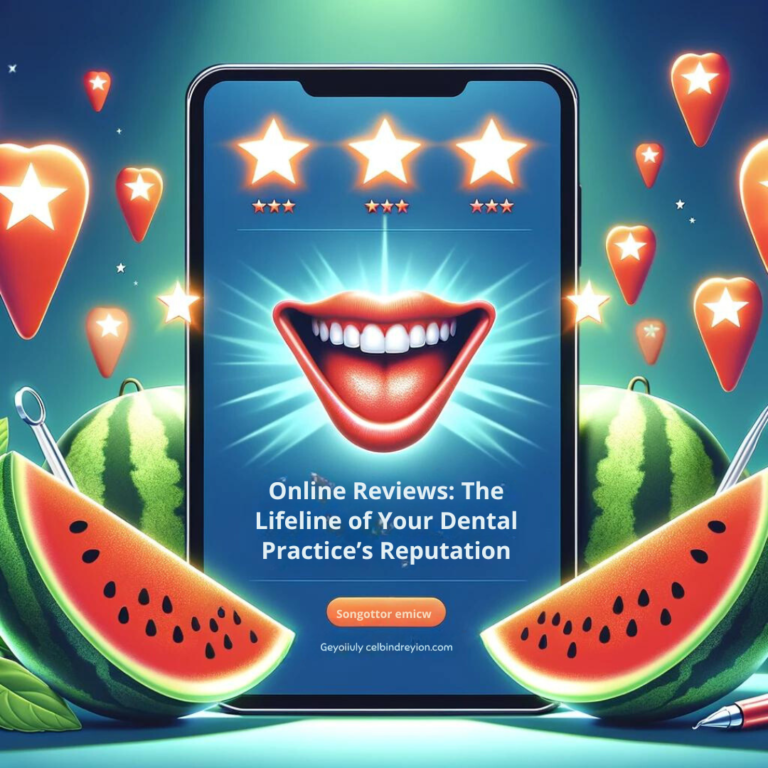 A colorful advertisement highlighting the importance of online reviews for dental practices, featuring a smartphone display surrounded by dental instruments, watermelon slices, and star graphics.