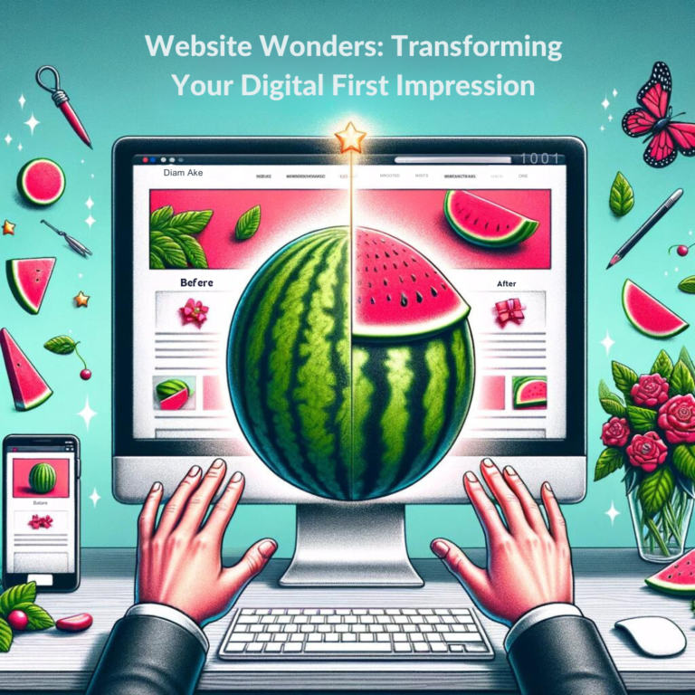 Enhancing online presence: Transforming your digital first impression through a visual metaphor of a watermelon being digitally transformed on a computer screen, surrounded by elements of creativity and technology.