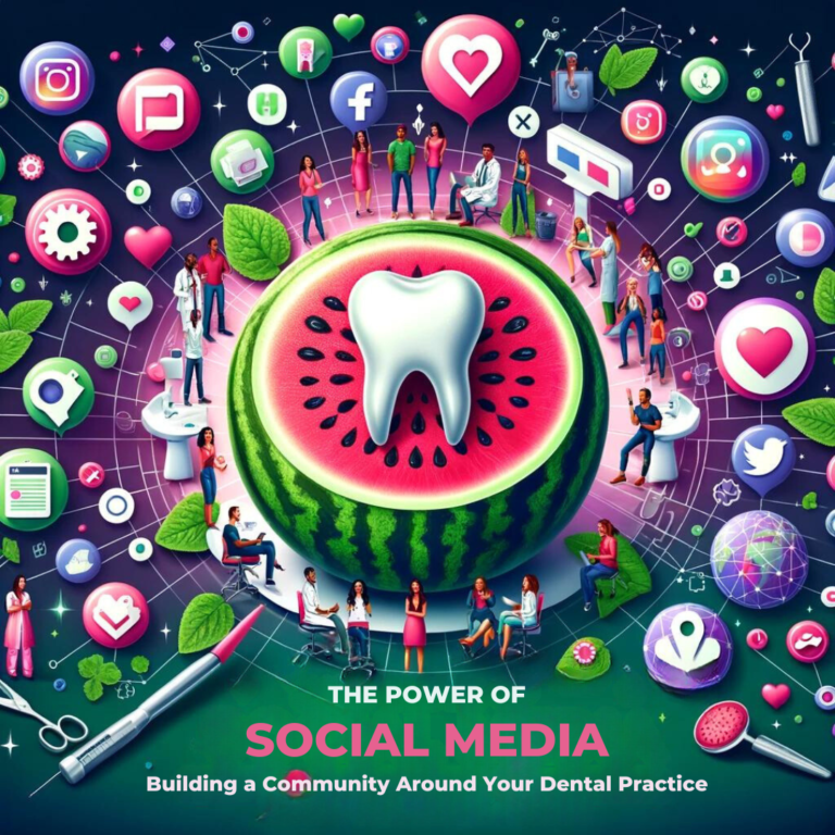 Illustration of a watermelon sliced in the shape of a tooth surrounded by small people engaging in various activities, symbolic of social media's impact on building a community in the dental practice.