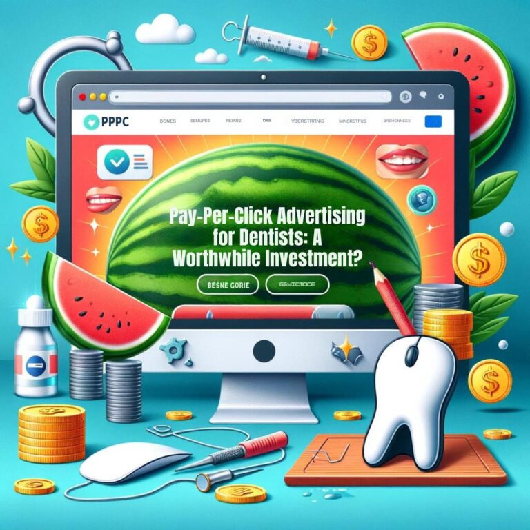 Colorful illustration depicting a "Pay-Per-Click Advertising for Dentists" concept, featuring a computer with a tooth and various dental tools surrounded by financial symbols.