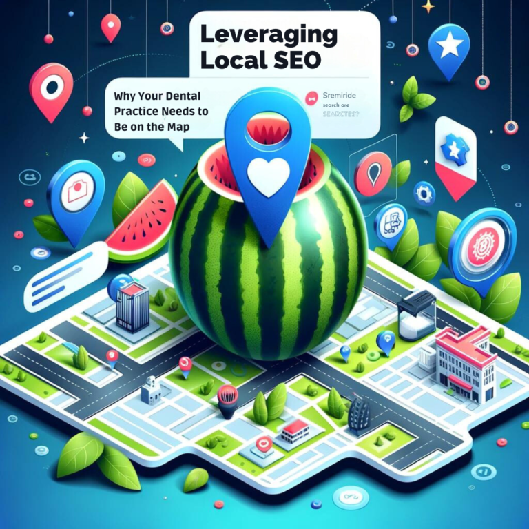Digital illustration of a watermelon globe on a city map with various local SEO and local search-related icons and pointers, emphasizing the importance of local SEO for dental practices.