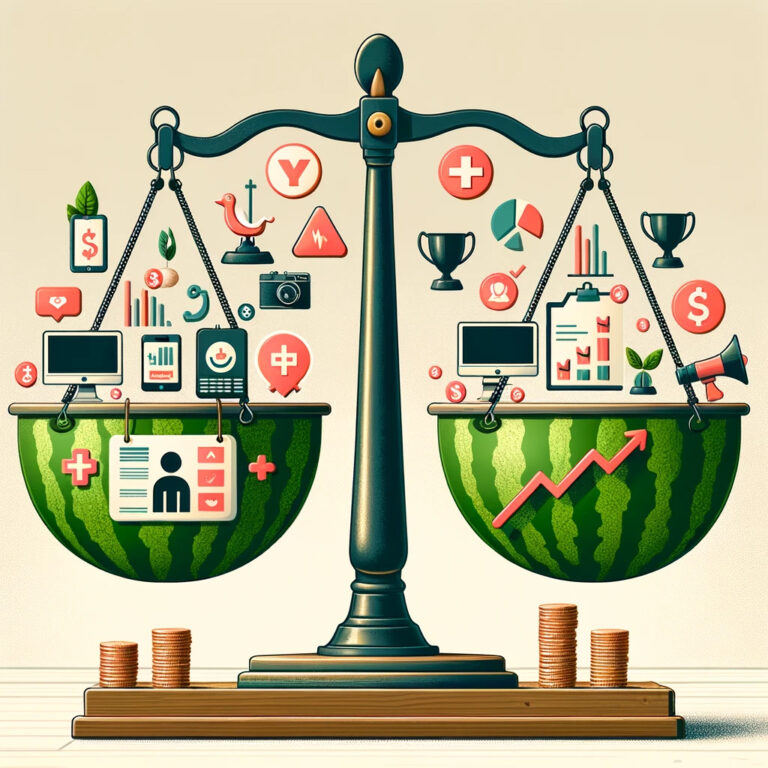 An illustration of a balanced scale comparing the weight of social and health icons, including PPC for dentists, against financial and business icons, symbolizing the concept of work-life balance.