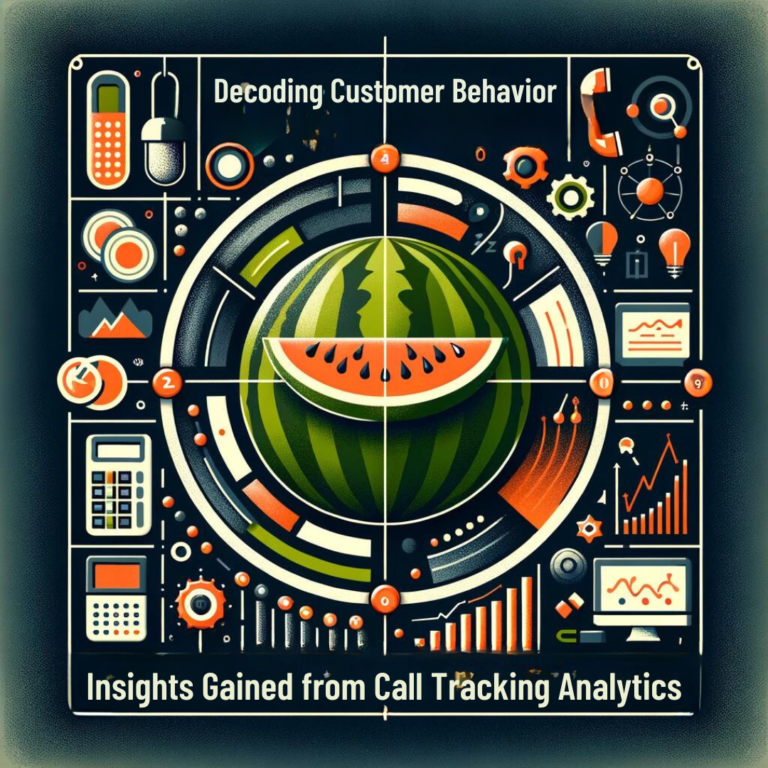 An illustrated concept depicting various elements and tools associated with decoding insights into customer behavior and call tracking analytics, symbolized by a watermelon at the center as the focal point of data interpretation.