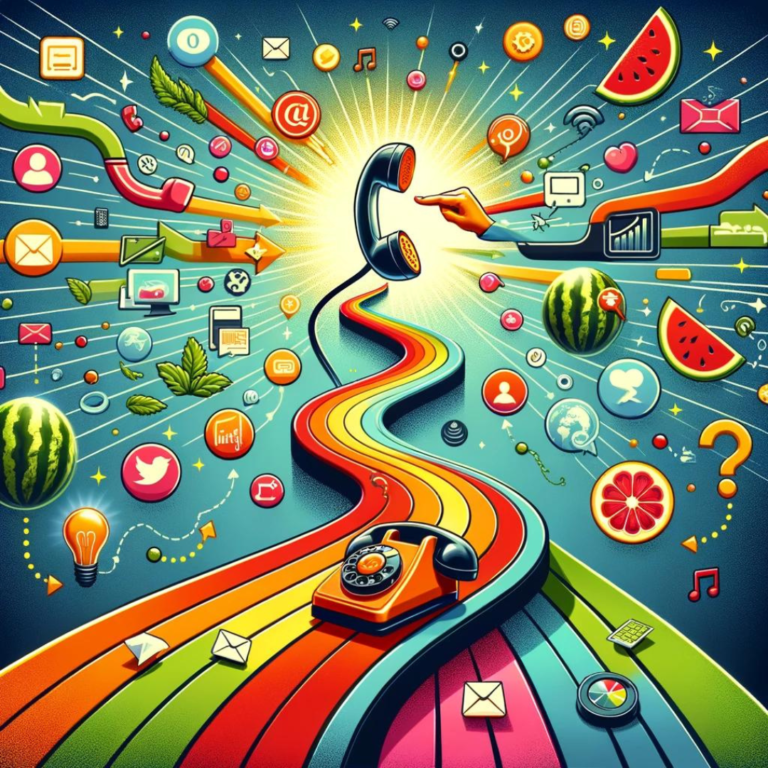 A vibrant illustration of a vintage telephone with a winding cord that transforms into a road, bridging the gap between various social media and multimedia icons, signifying the evolution of communication and technology.