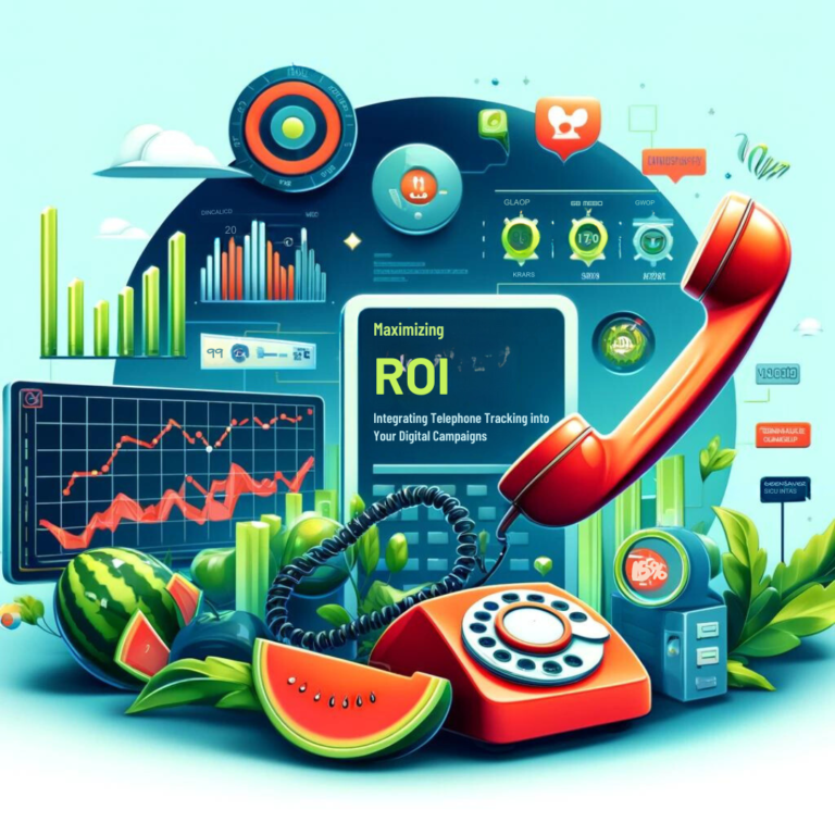 Colorful illustration of a vintage telephone with various digital marketing and Telephone Tracking icons and graphs emphasizing the maximization of ROI (return on investment).