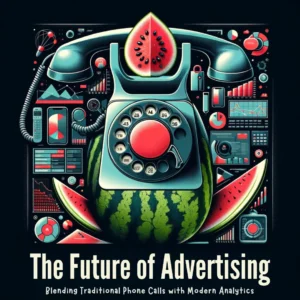 An artistic depiction of a watermelon and a vintage telephone merged together, with graphical elements symbolizing modern analytics, illustrating the concept of combining traditional phone calls and modern advertising techniques.