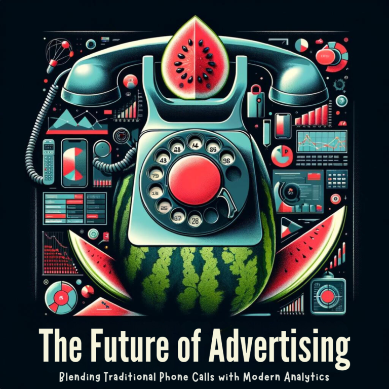 An artistic depiction of a watermelon and a vintage telephone merged together, with graphical elements symbolizing modern analytics, illustrating the concept of combining traditional phone calls and modern advertising techniques.