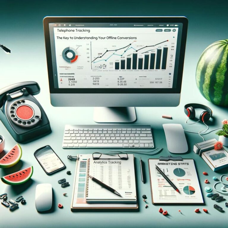 A modern workspace featuring a computer displaying analytics for understanding offline conversions, surrounded by a classic telephone tracking system, slices of watermelon, headphones, and marketing documents.