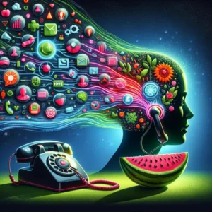 A vibrant digital illustration of a stylized human head profile with an array of colorful app icons, representing customer insights and personalization, flowing from it, symbolizing technology and ideas, alongside a retro telephone