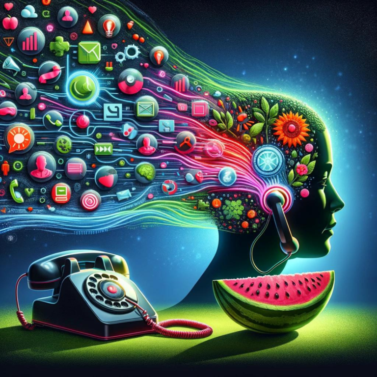 A vibrant digital illustration of a stylized human head profile with an array of colorful app icons, representing customer insights and personalization, flowing from it, symbolizing technology and ideas, alongside a retro telephone