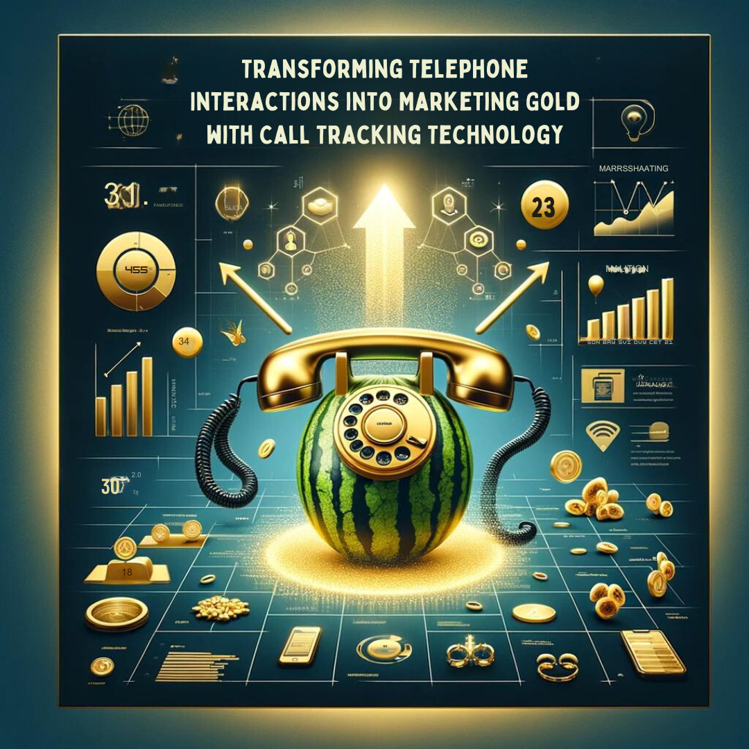 An infographic presenting the concept of leveraging call tracking technology in marketing, depicted with a watermelon fashioned as a vintage telephone amidst various data visualization graphics showcasing telephone interactions.