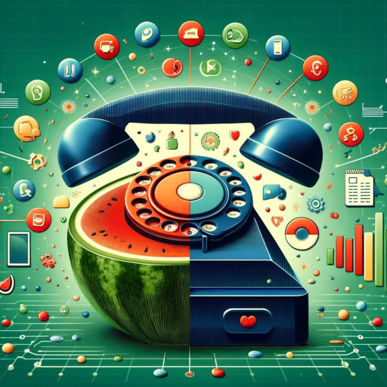 An imaginative illustration blending a rotary phone and a watermelon, surrounded by various social media and technology icons, symbolizes the fusion of traditional phone calls with the digital-first world.