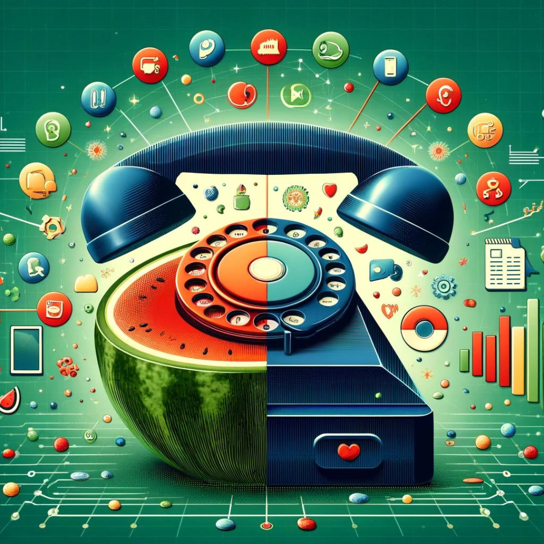 An imaginative illustration blending a rotary phone and a watermelon, surrounded by various social media and technology icons, symbolizes the fusion of traditional phone calls with the digital-first world.
