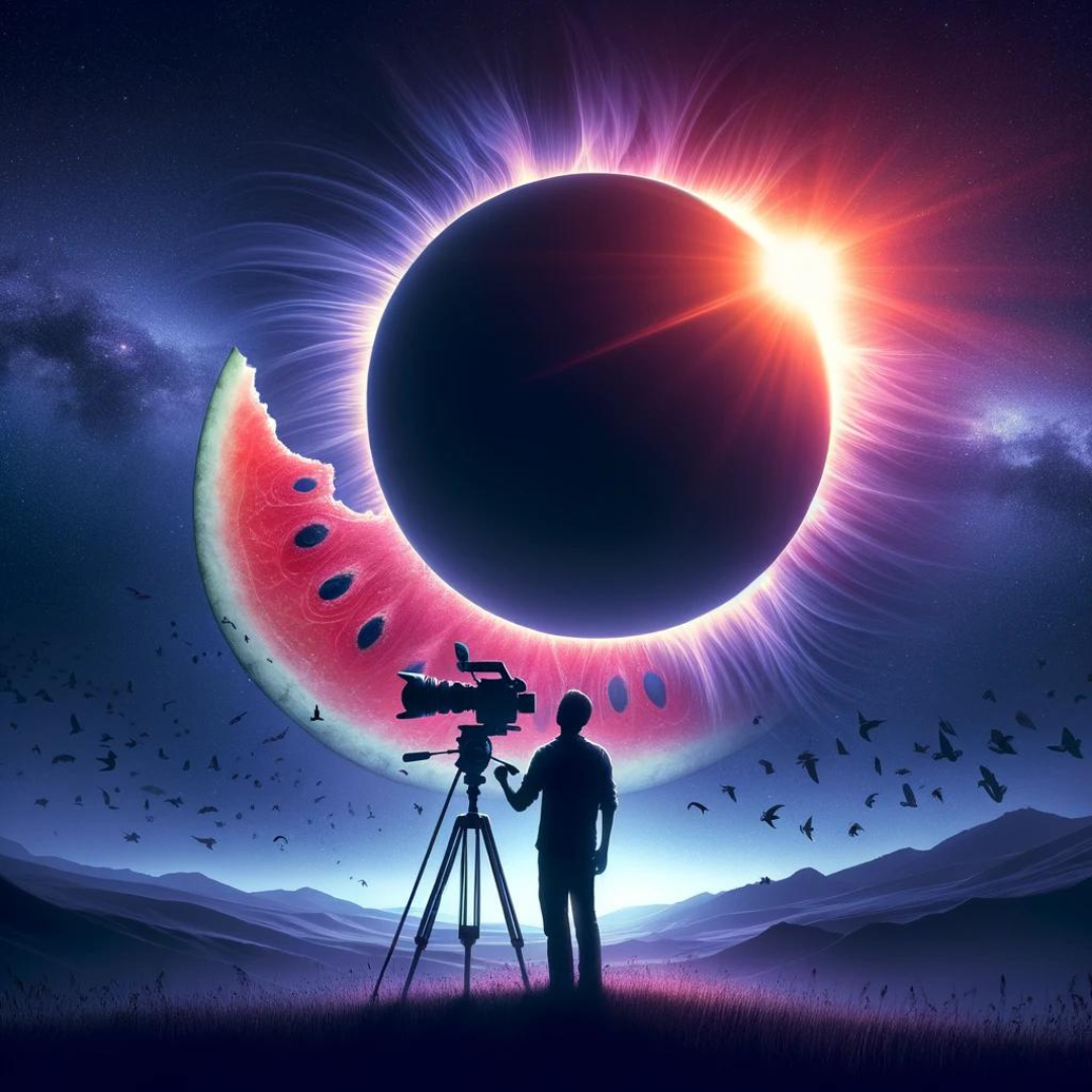 A person standing with a camera on a tripod observes a surreal scene where filming totality captures the moment a solar eclipse merges with a slice of watermelon against a twilight sky with birds flying.