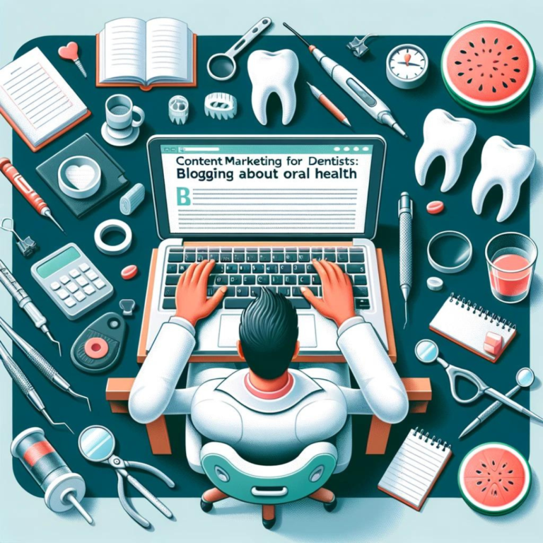 Person typing on a laptop surrounded by dental tools, teeth models, books, and beverages, illustrating blogging for oral health.
