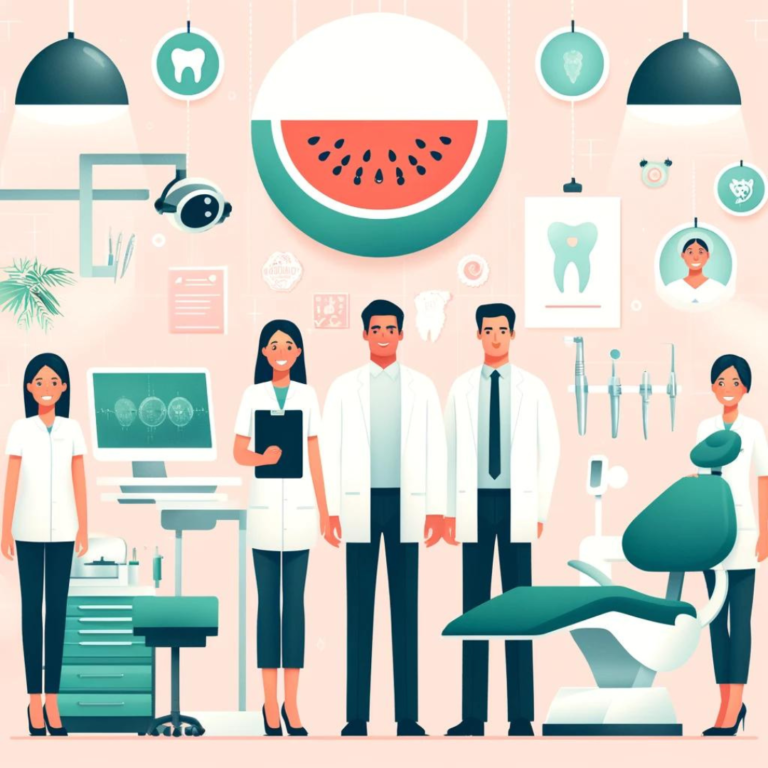 Illustration of a diverse dental team in a dental practice with equipment and dental themed decorations, including a large watermelon slice overhead.