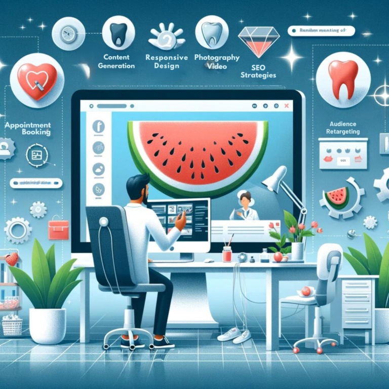 Illustration of a professional working on a computer with dental website icons and elements like watermelon around in a modern office setup.